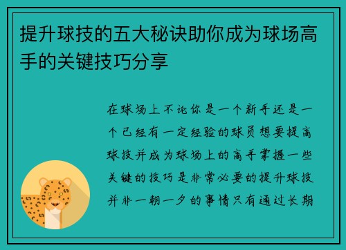 提升球技的五大秘诀助你成为球场高手的关键技巧分享